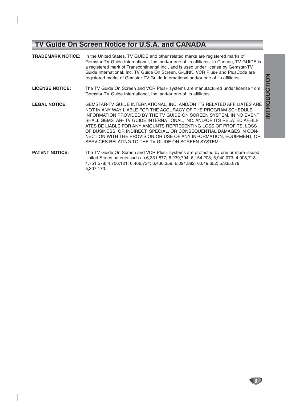 Tv guide on screen notice for u.s.a. and canada, Introduction | LG LST-3410A User Manual | Page 3 / 68