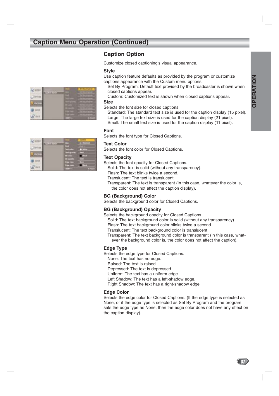 Caption menu operation (continued), Opera tion, Caption option | LG LST-3410A User Manual | Page 37 / 68