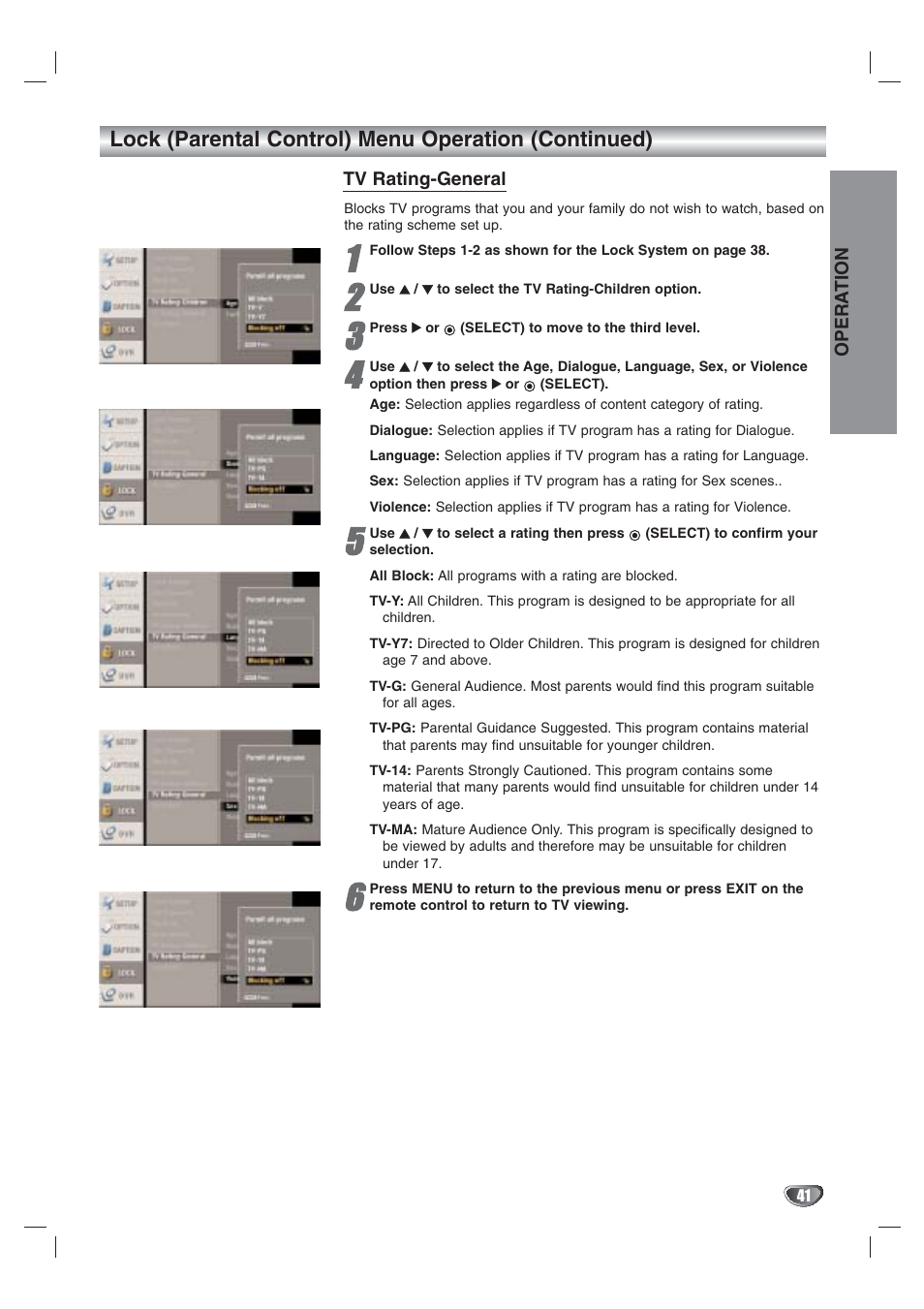 Lock (parental control) menu operation (continued) | LG LST-3410A User Manual | Page 41 / 68