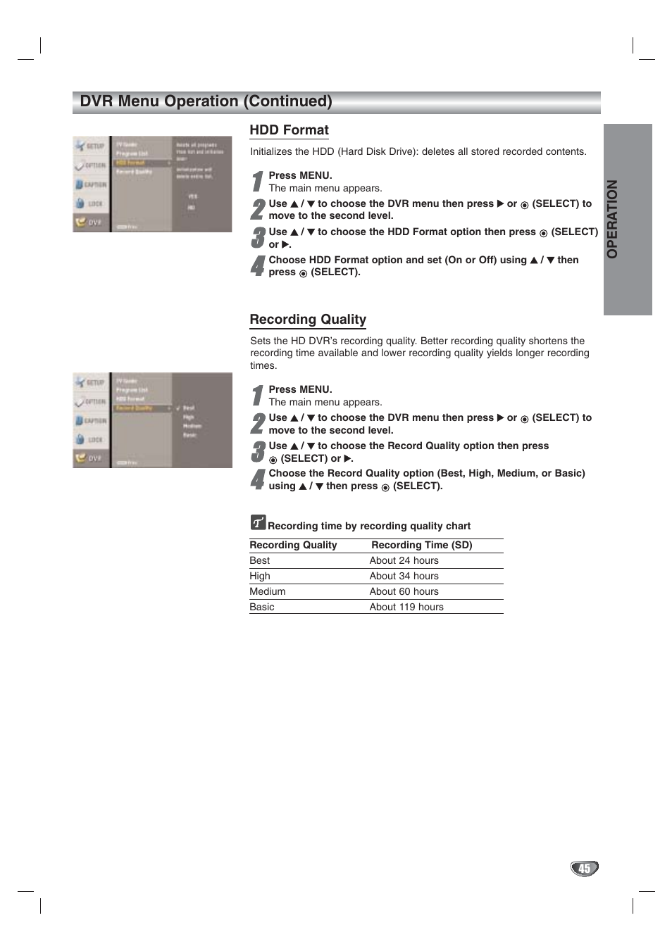 Dvr menu operation (continued) | LG LST-3410A User Manual | Page 45 / 68