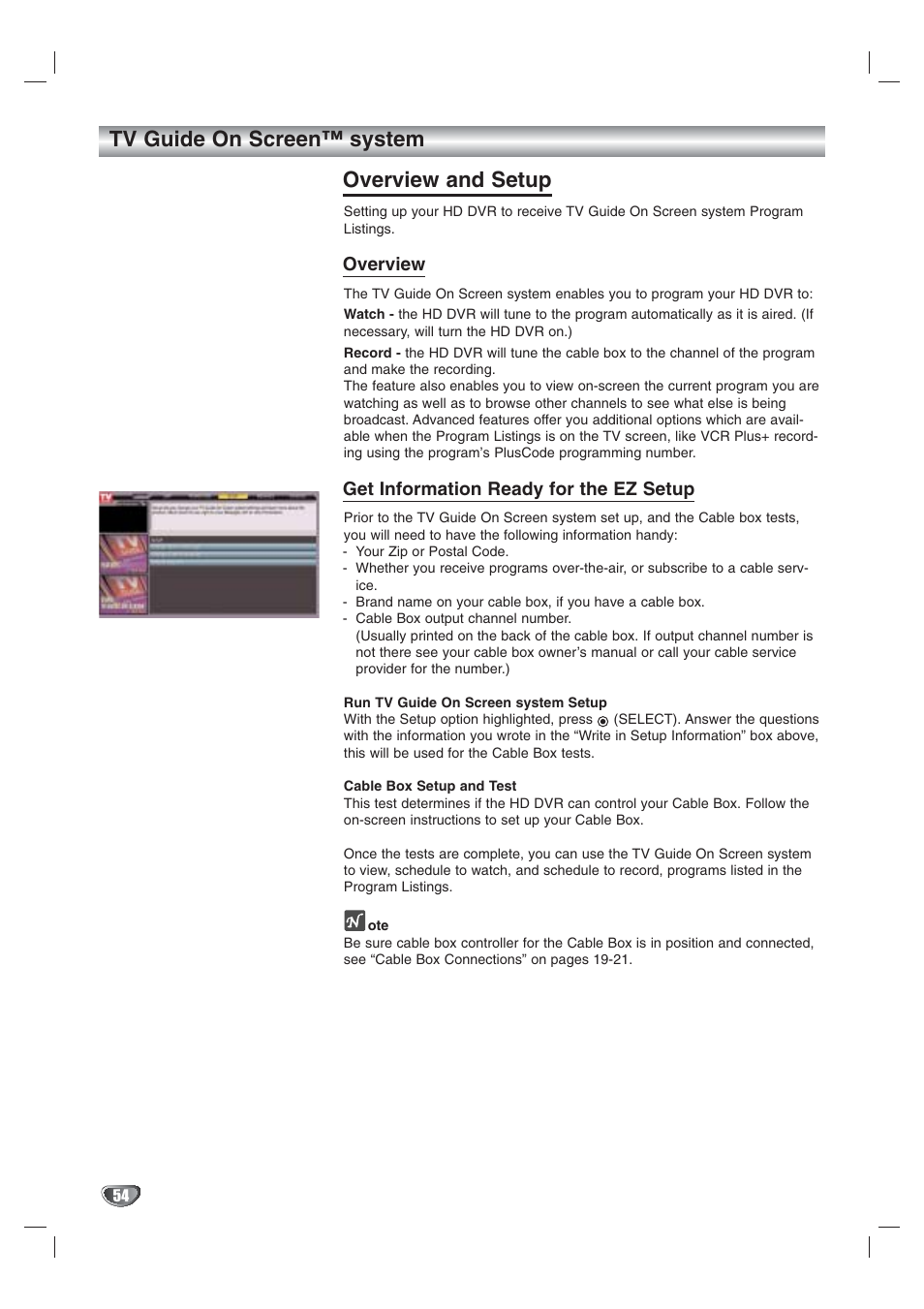Tv guide on screen™ system, Overview and setup, Overview | Get information ready for the ez setup | LG LST-3410A User Manual | Page 54 / 68