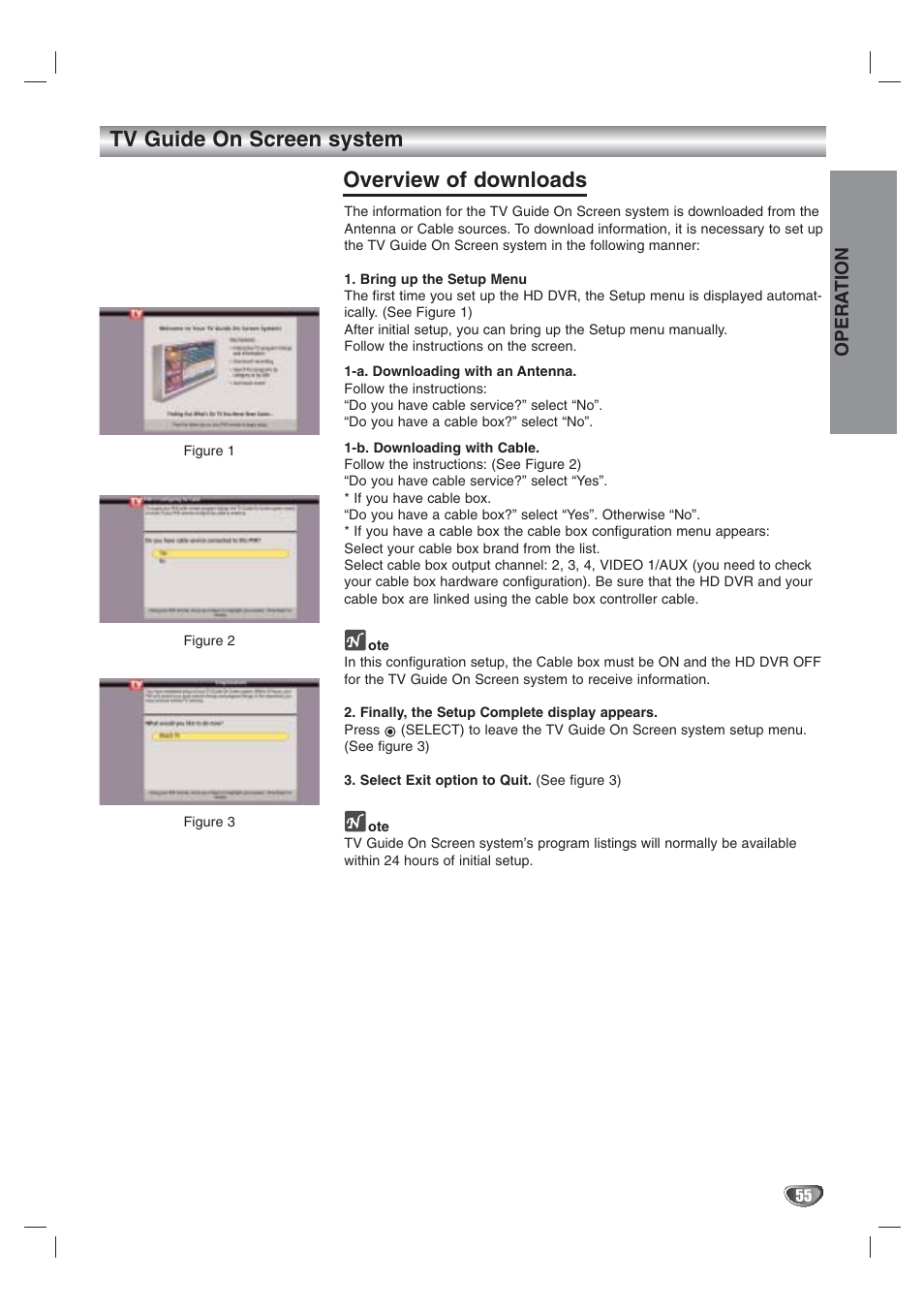 Tv guide on screen system overview of downloads, Opera tion | LG LST-3410A User Manual | Page 55 / 68