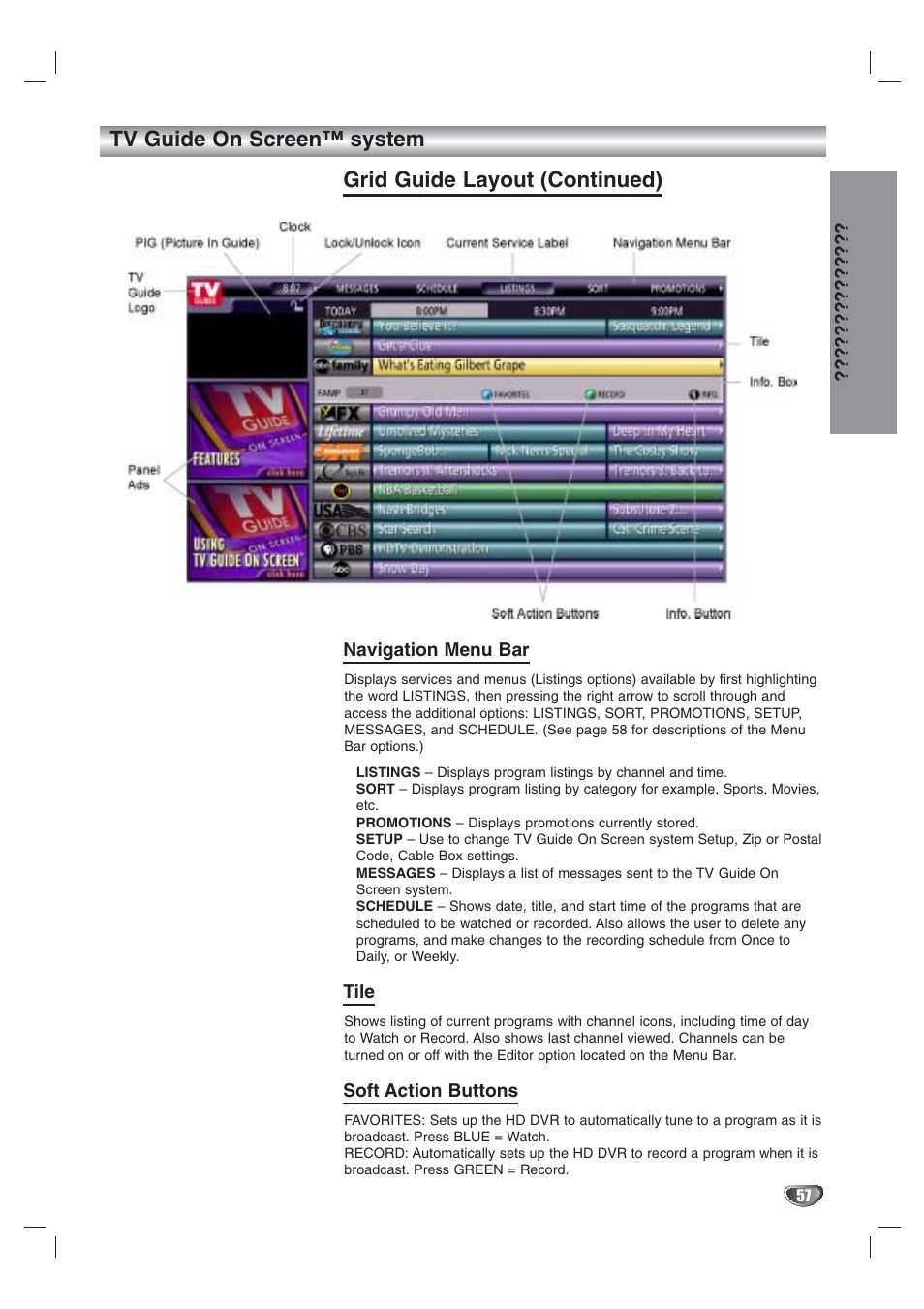 Tv guide on screen™ system, Grid guide layout (continued) | LG LST-3410A User Manual | Page 57 / 68