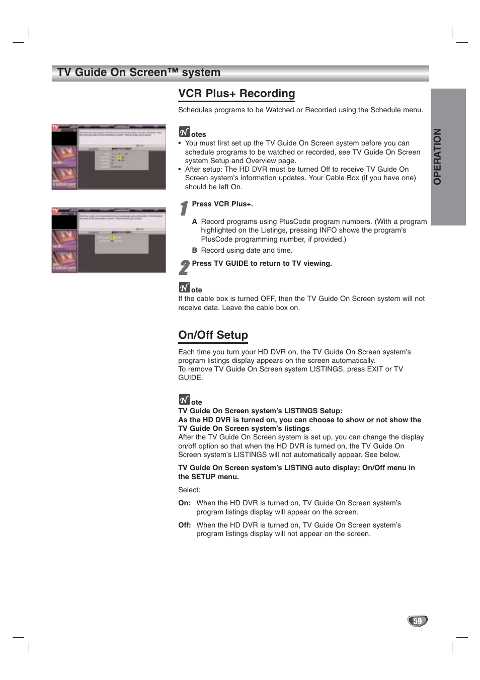 Tv guide on screen™ system vcr plus+ recording, On/off setup | LG LST-3410A User Manual | Page 59 / 68