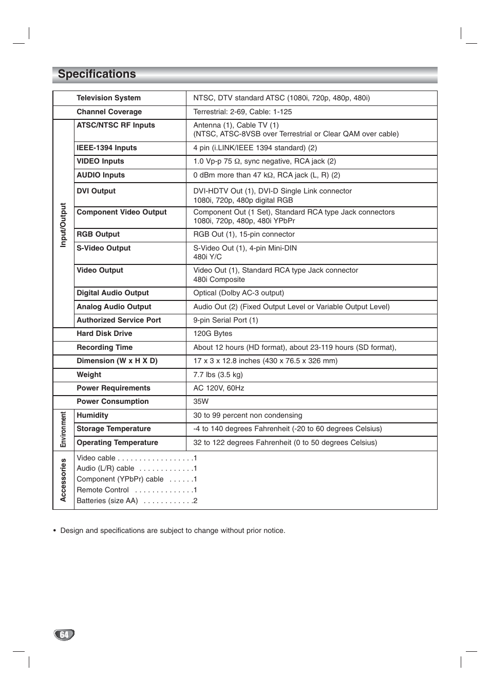 Specifications | LG LST-3410A User Manual | Page 64 / 68