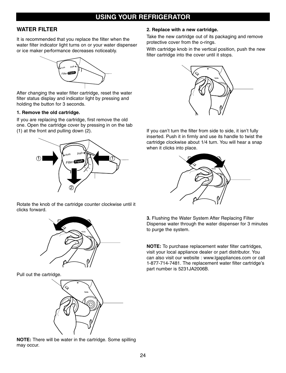 Using your refrigerator, Water filter | LG LRFD21855 User Manual | Page 24 / 36