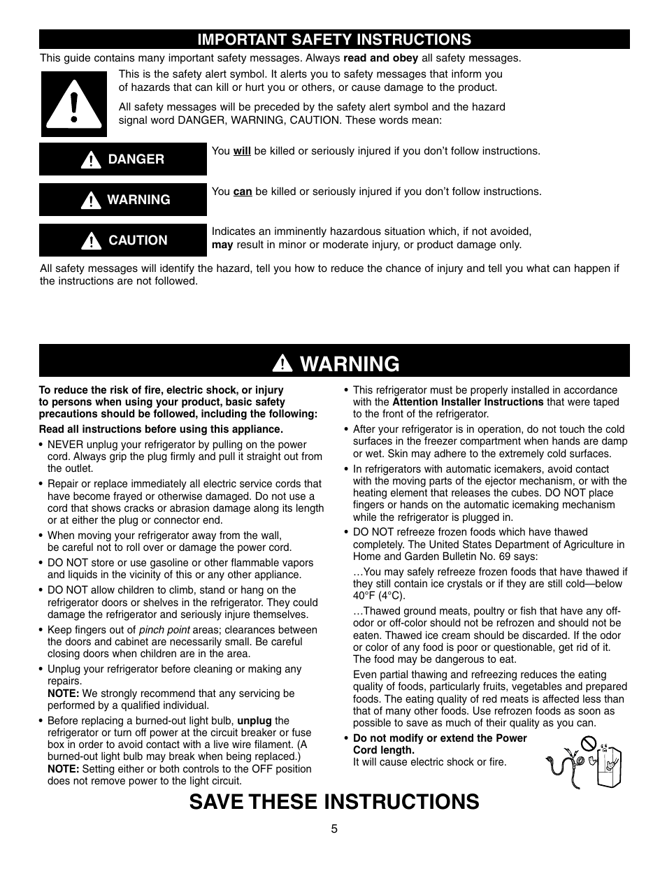 Warning, Save these instructions, Important safety instructions | LG LRFD21855 User Manual | Page 5 / 36