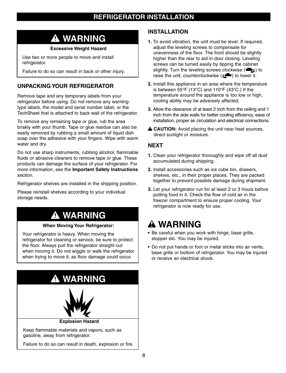 Wwarning, Warning, Refrigerator installation | LG LRFD21855 User Manual | Page 8 / 36