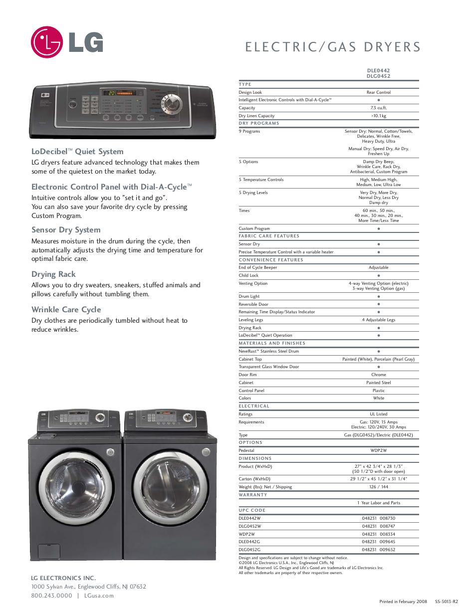 Lodecibel, Quiet system, Electronic control panel with dial-a-cycle | Sensor dry system, Drying rack, Wrinkle care cycle | LG DLE0442 User Manual | Page 2 / 2