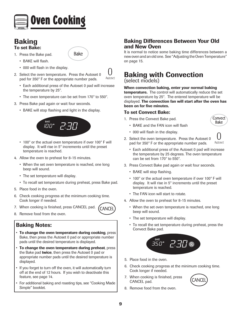 Oven cooking, Baking, Baking with convection | Baking differences between your old and new oven, Select models) | LG 800 User Manual | Page 10 / 84