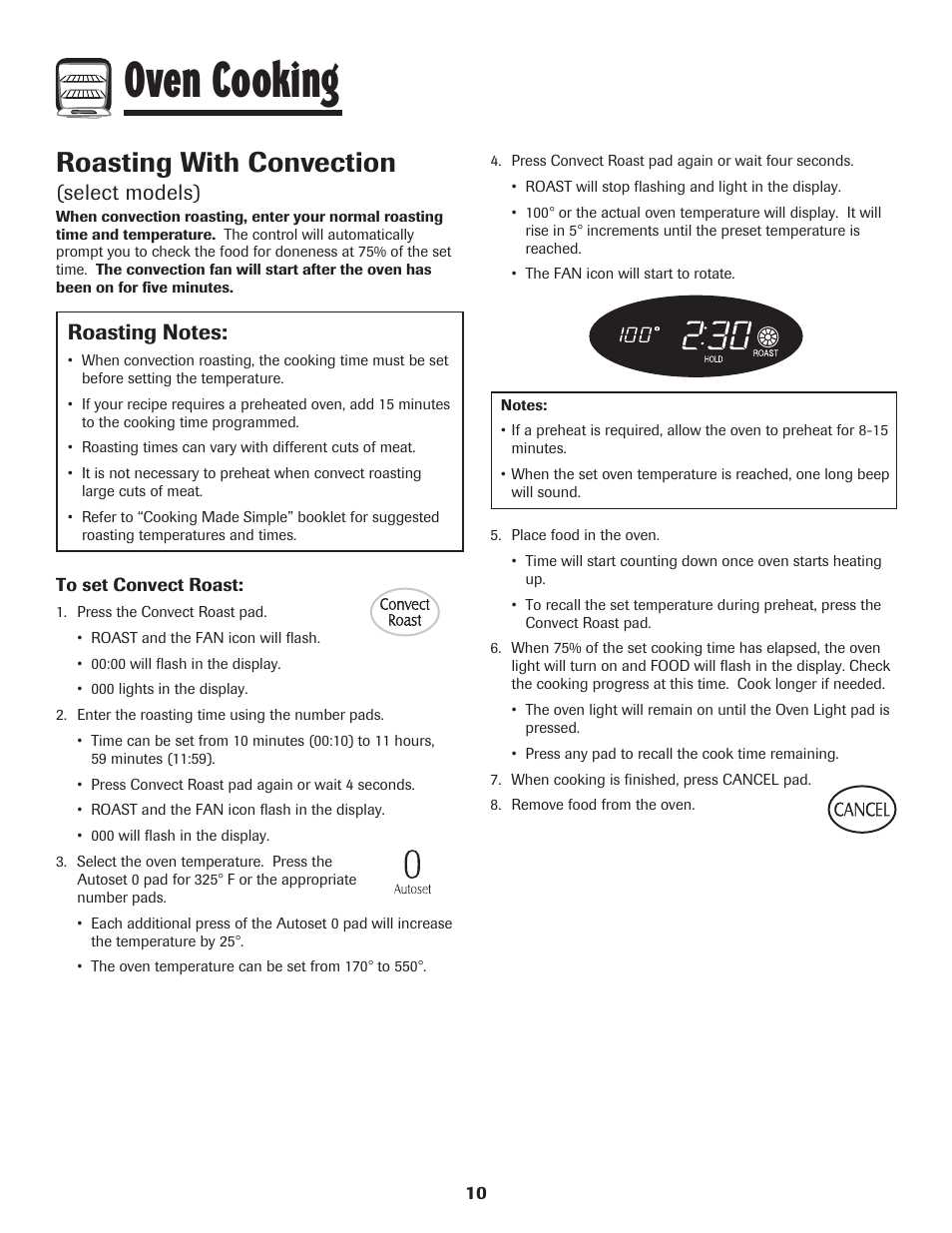 Oven cooking, Roasting with convection, Select models) | LG 800 User Manual | Page 11 / 84