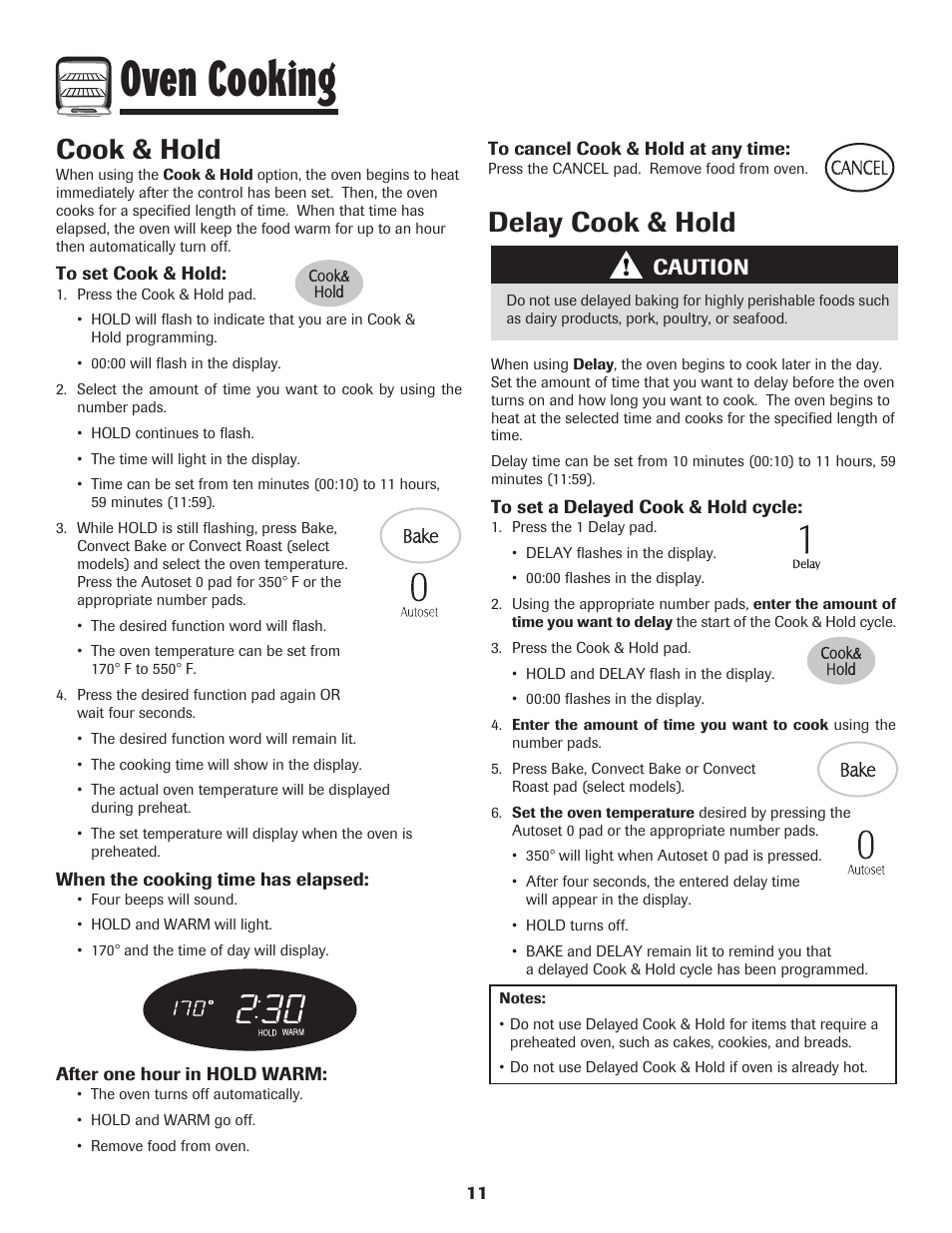 Oven cooking, Cook & hold, Delay cook & hold | Caution | LG 800 User Manual | Page 12 / 84