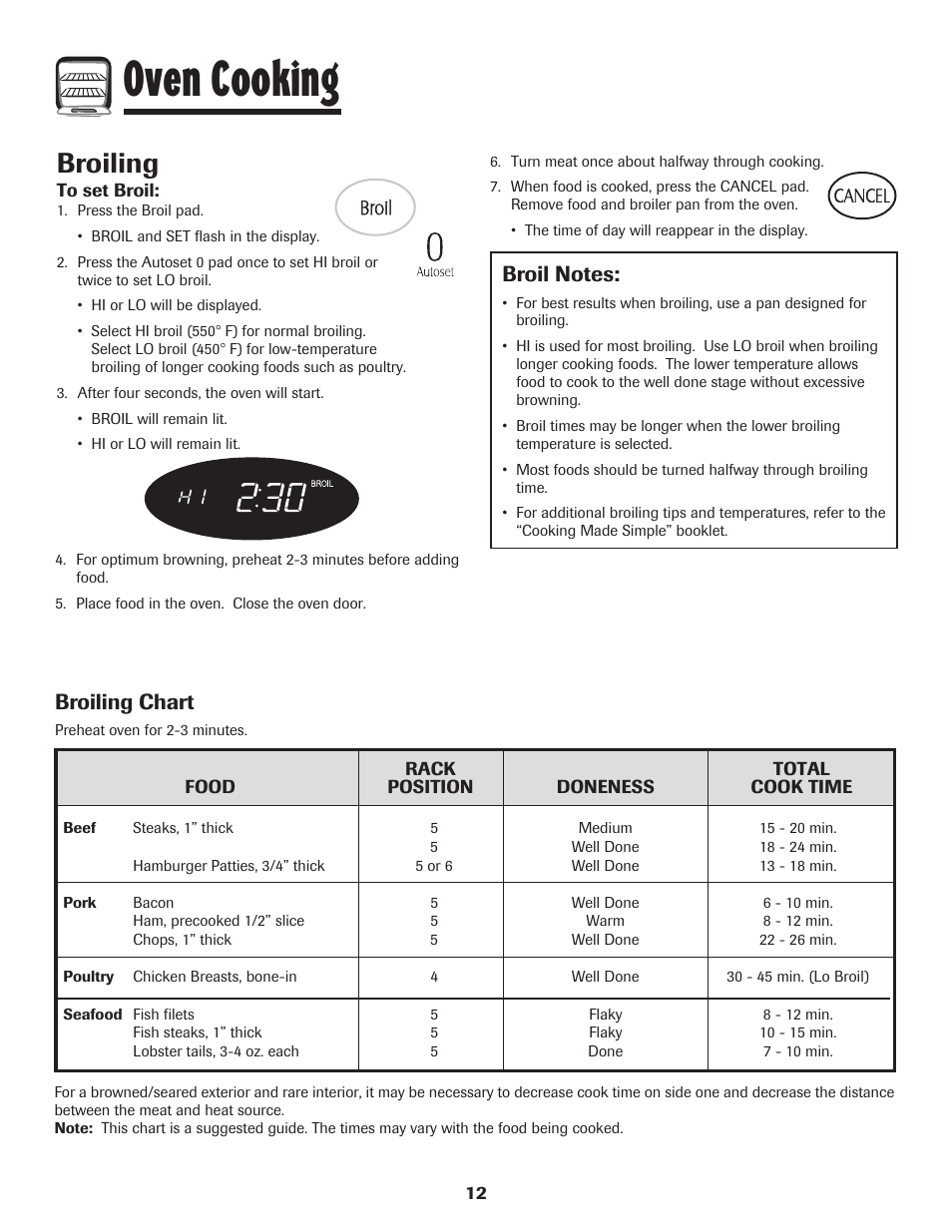 Oven cooking, Broiling, Broiling chart | LG 800 User Manual | Page 13 / 84