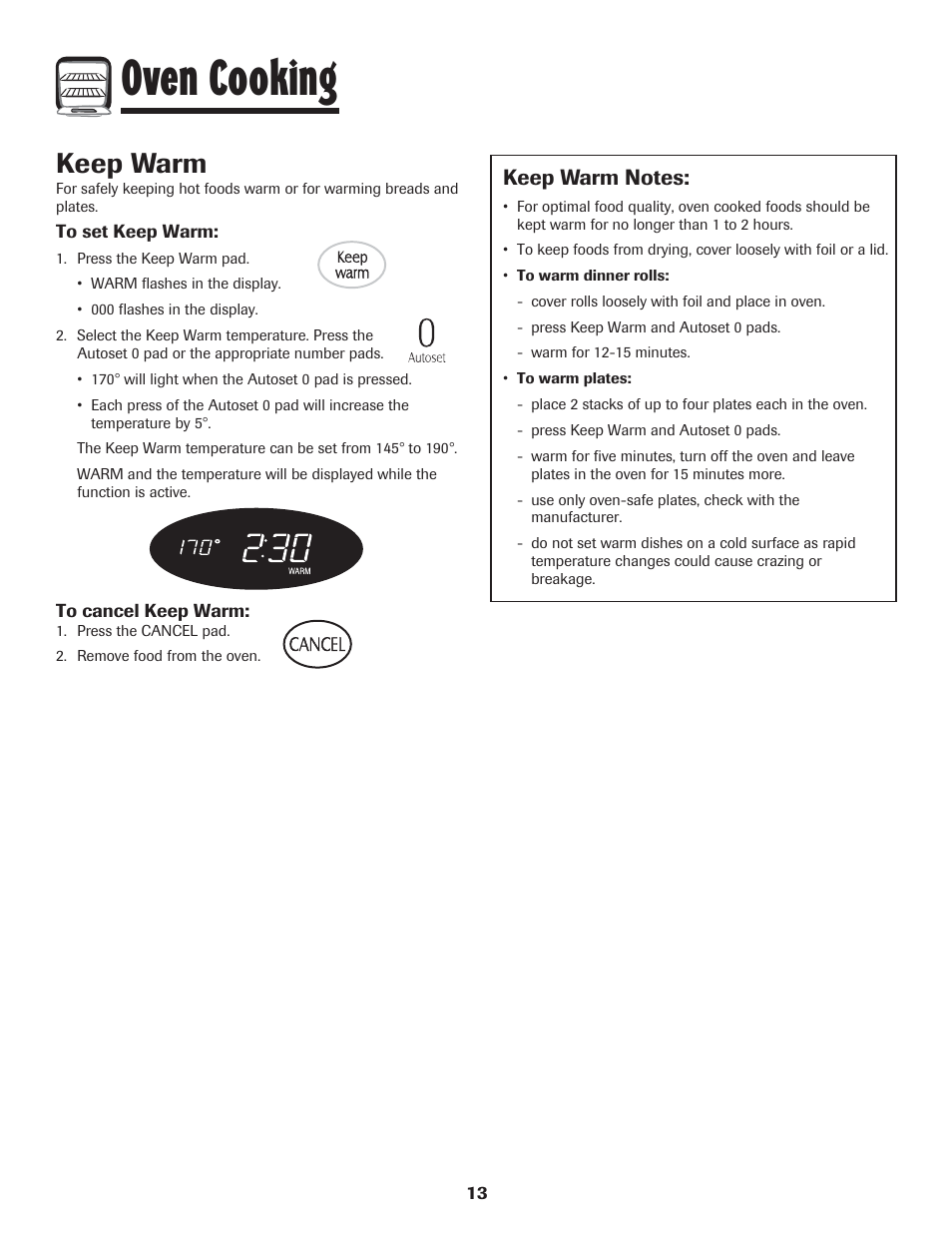Oven cooking, Keep warm | LG 800 User Manual | Page 14 / 84
