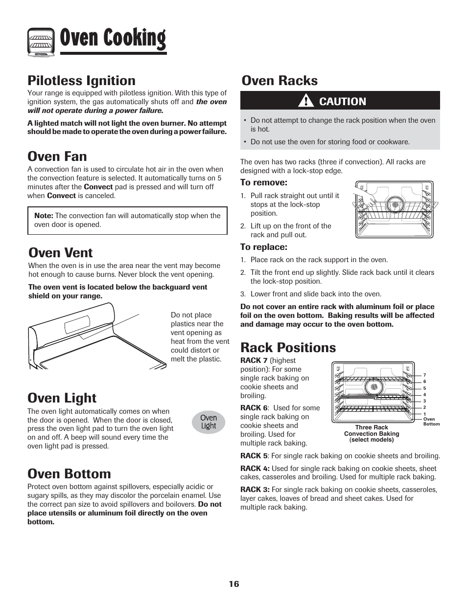 Oven cooking, Oven light, Oven bottom | Oven fan, Oven vent, Oven racks, Rack positions, Pilotless ignition, Caution | LG 800 User Manual | Page 17 / 84
