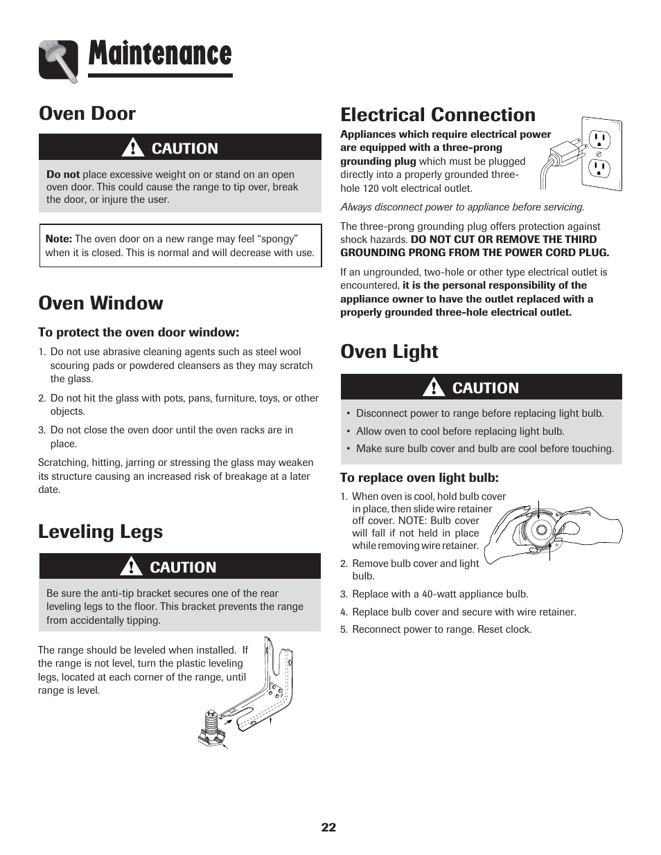 Maintenance, Oven door, Oven window | Oven light electrical connection, Leveling legs, Caution | LG 800 User Manual | Page 23 / 84
