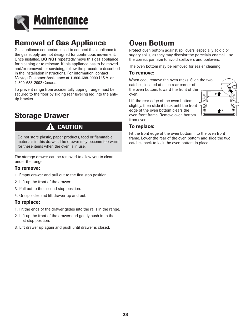Maintenance, Storage drawer, Removal of gas appliance | Oven bottom | LG 800 User Manual | Page 24 / 84