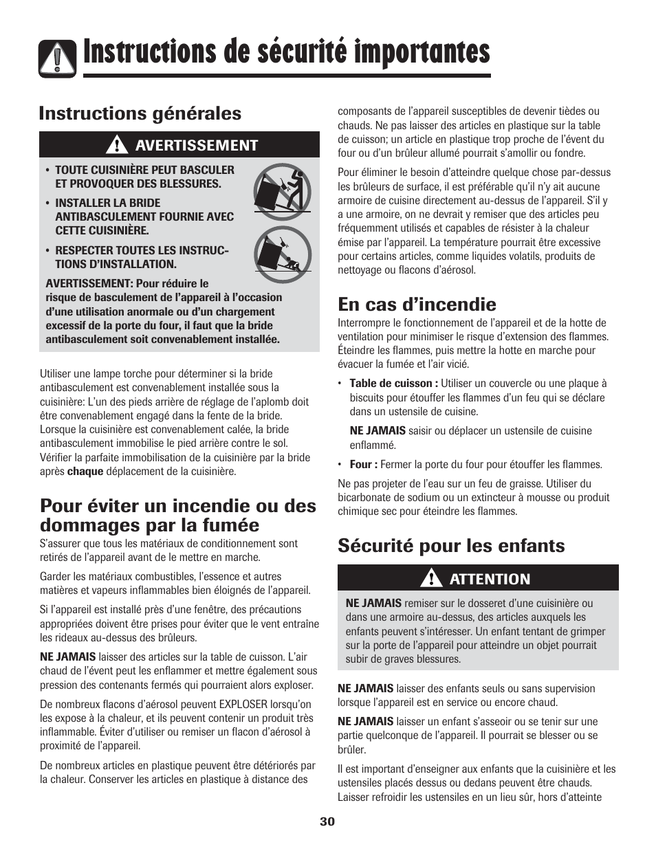 Instructions de sécurité importantes, Instructions générales, En cas d’incendie | Sécurité pour les enfants | LG 800 User Manual | Page 31 / 84