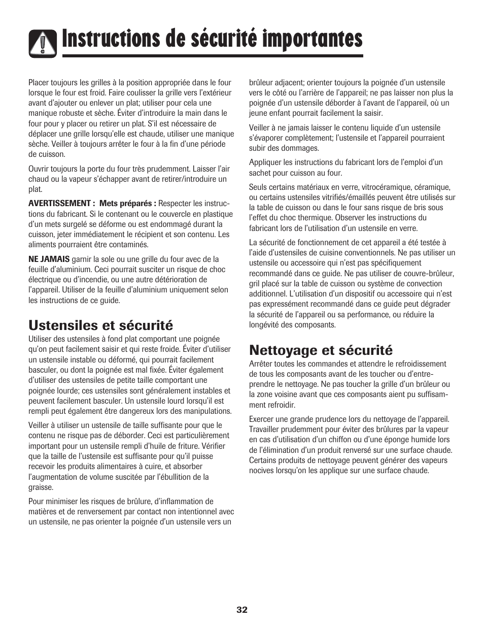 Instructions de sécurité importantes, Ustensiles et sécurité, Nettoyage et sécurité | LG 800 User Manual | Page 33 / 84
