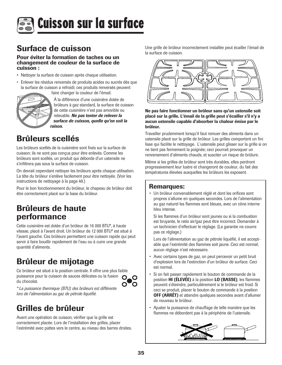 Cuisson sur la surface, Surface de cuisson, Grilles de brûleur | Brûleurs scellés, Brûleurs de haute performance, Brûleur de mijotage | LG 800 User Manual | Page 36 / 84