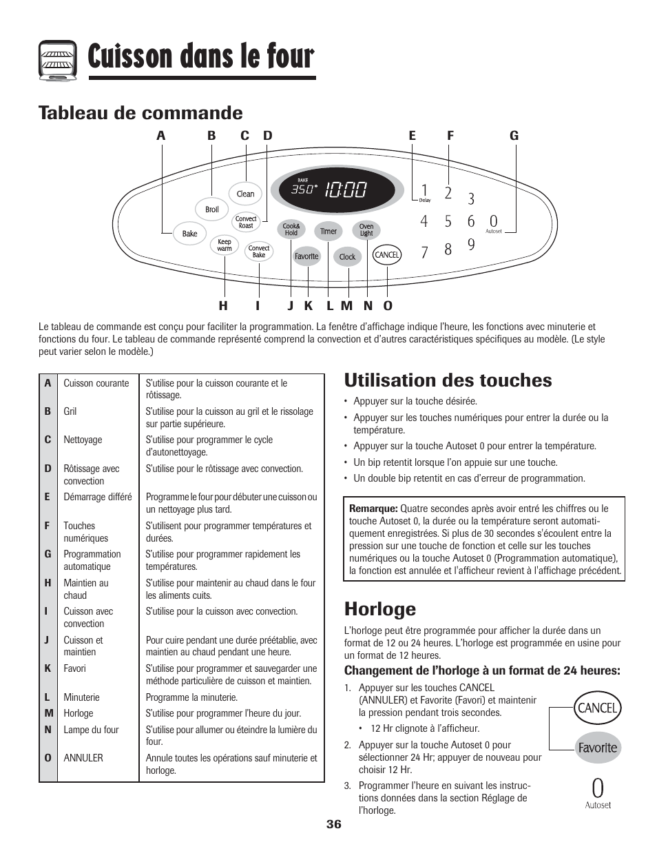 Cuisson dans le four, Tableau de commande, Utilisation des touches | Horloge | LG 800 User Manual | Page 37 / 84