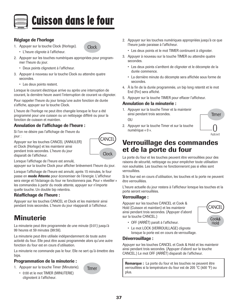 Cuisson dans le four, Minuterie, Verrouillage des commandes et de la porte du four | LG 800 User Manual | Page 38 / 84