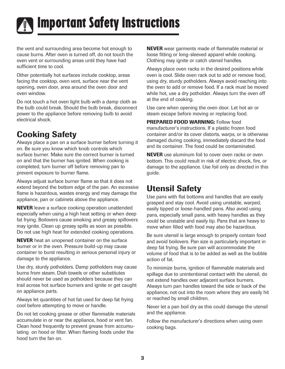 Important safety instructions, Utensil safety, Cooking safety | LG 800 User Manual | Page 4 / 84