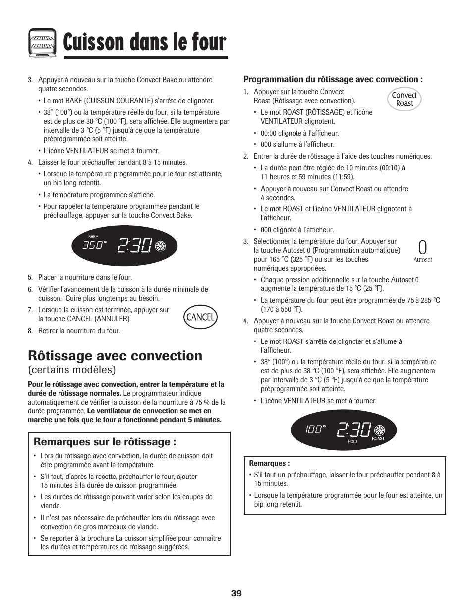 Cuisson dans le four, Rôtissage avec convection, Certains modèles) | Remarques sur le rôtissage | LG 800 User Manual | Page 40 / 84