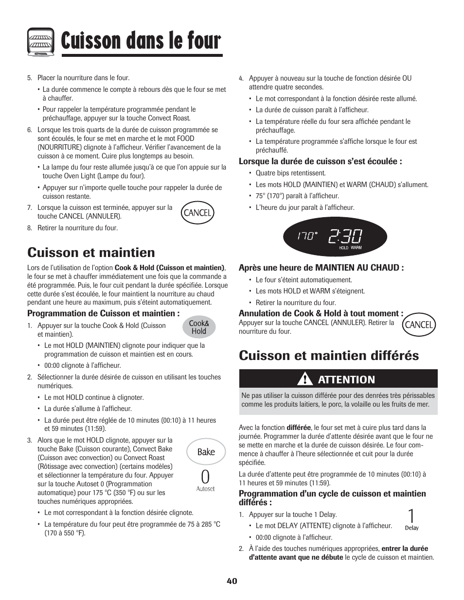 Cuisson dans le four, Cuisson et maintien, Cuisson et maintien différés | Attention | LG 800 User Manual | Page 41 / 84
