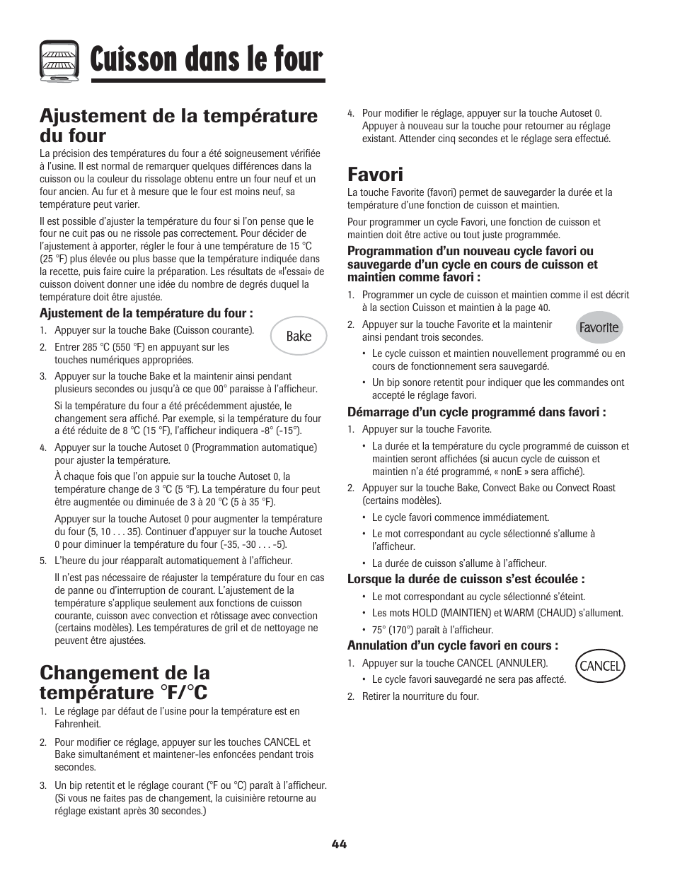 Cuisson dans le four, Favori, Ajustement de la température du four | Changement de la température | LG 800 User Manual | Page 45 / 84