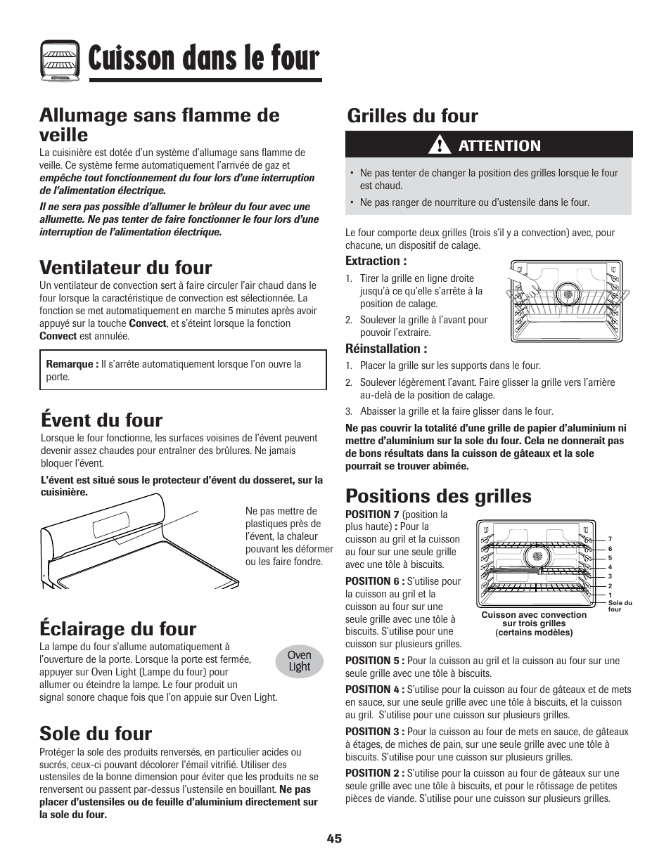 Cuisson dans le four, Éclairage du four, Sole du four | Ventilateur du four, Évent du four, Grilles du four, Positions des grilles, Allumage sans flamme de veille, Attention | LG 800 User Manual | Page 46 / 84