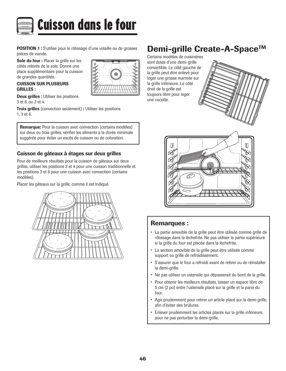 Cuisson dans le four, Demi-grille create-a-space, Remarques | LG 800 User Manual | Page 47 / 84
