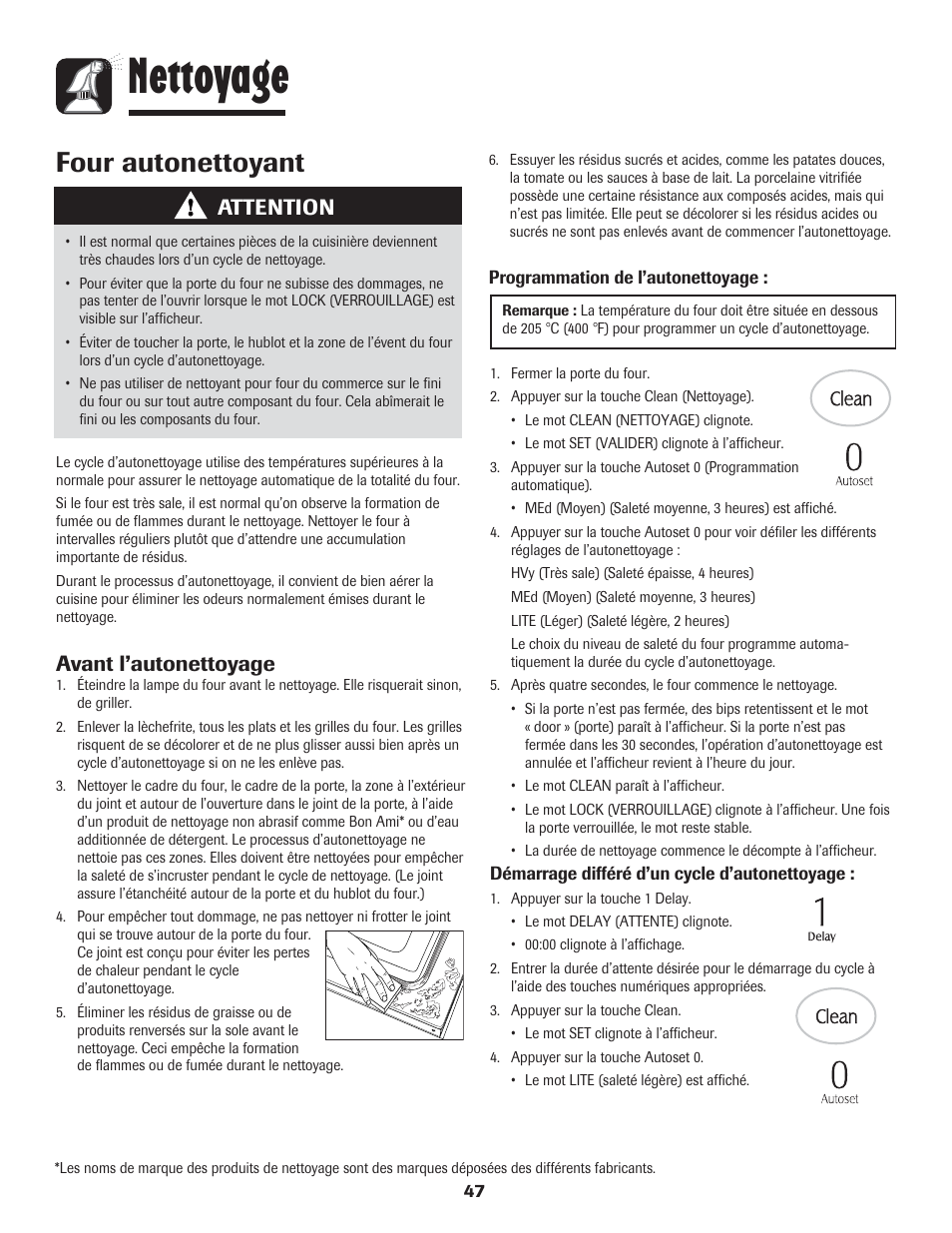 Nettoyage, Four autonettoyant, Attention | Avant l’autonettoyage | LG 800 User Manual | Page 48 / 84