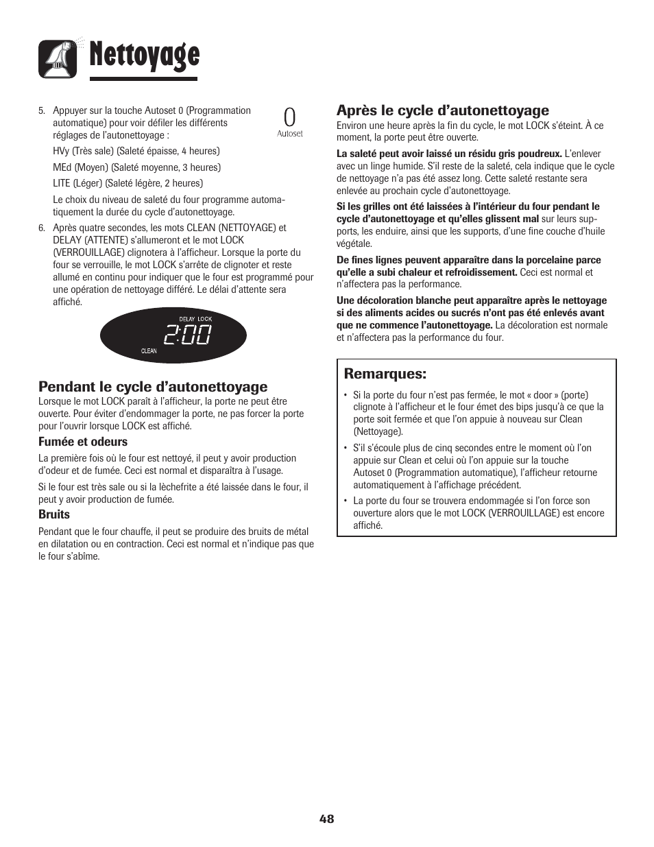 Nettoyage, Remarques, Après le cycle d’autonettoyage | Pendant le cycle d’autonettoyage | LG 800 User Manual | Page 49 / 84
