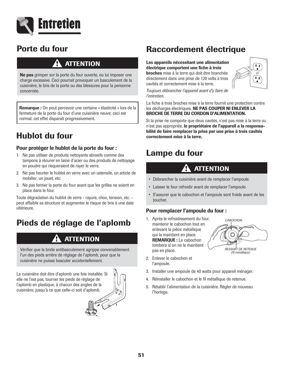 Entretien, Porte du four, Hublot du four | Lampe du four raccordement électrique, Pieds de réglage de l’aplomb, Attention | LG 800 User Manual | Page 52 / 84