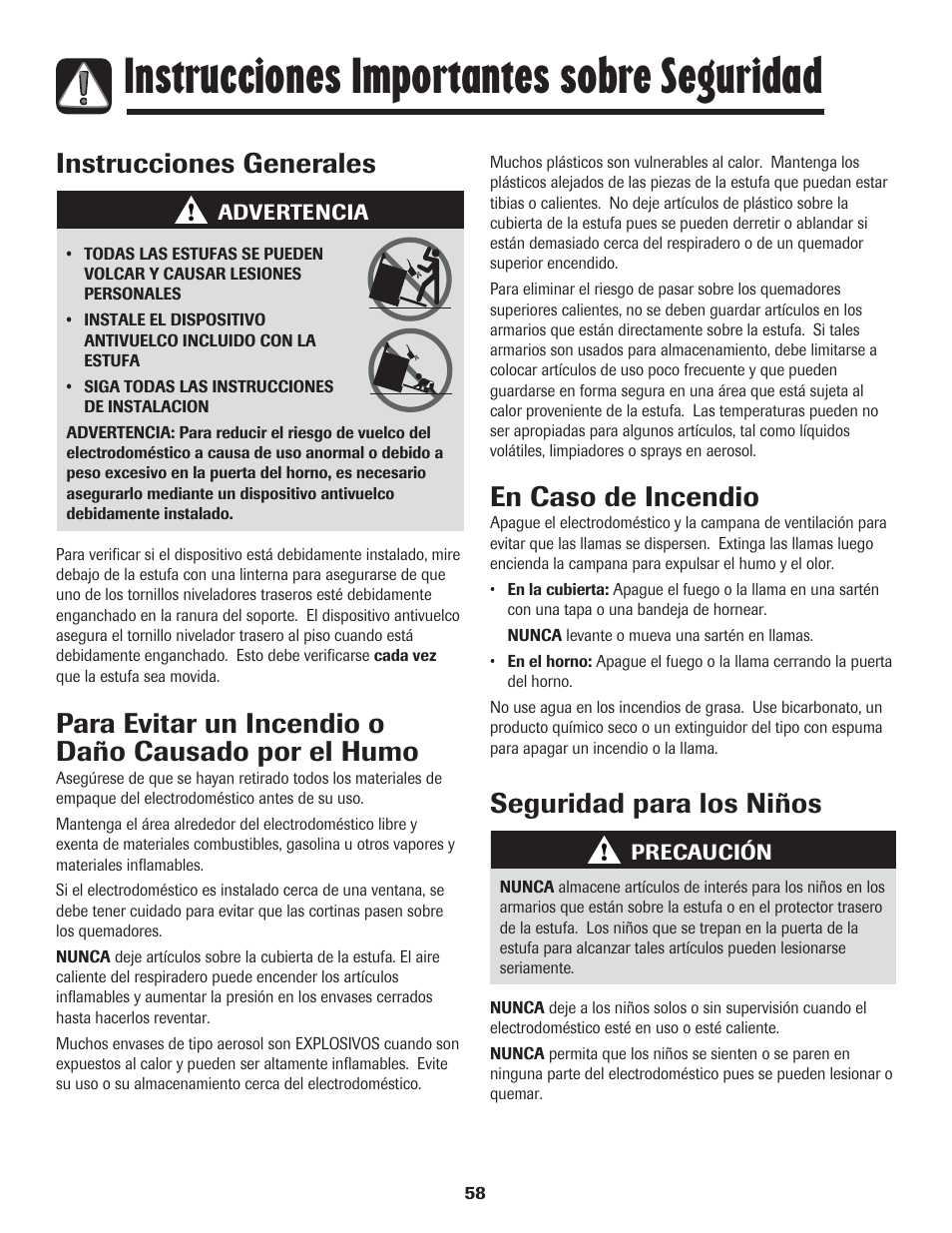 Instrucciones importantes sobre seguridad, Instrucciones generales, Para evitar un incendio o daño causado por el humo | En caso de incendio, Seguridad para los niños | LG 800 User Manual | Page 59 / 84
