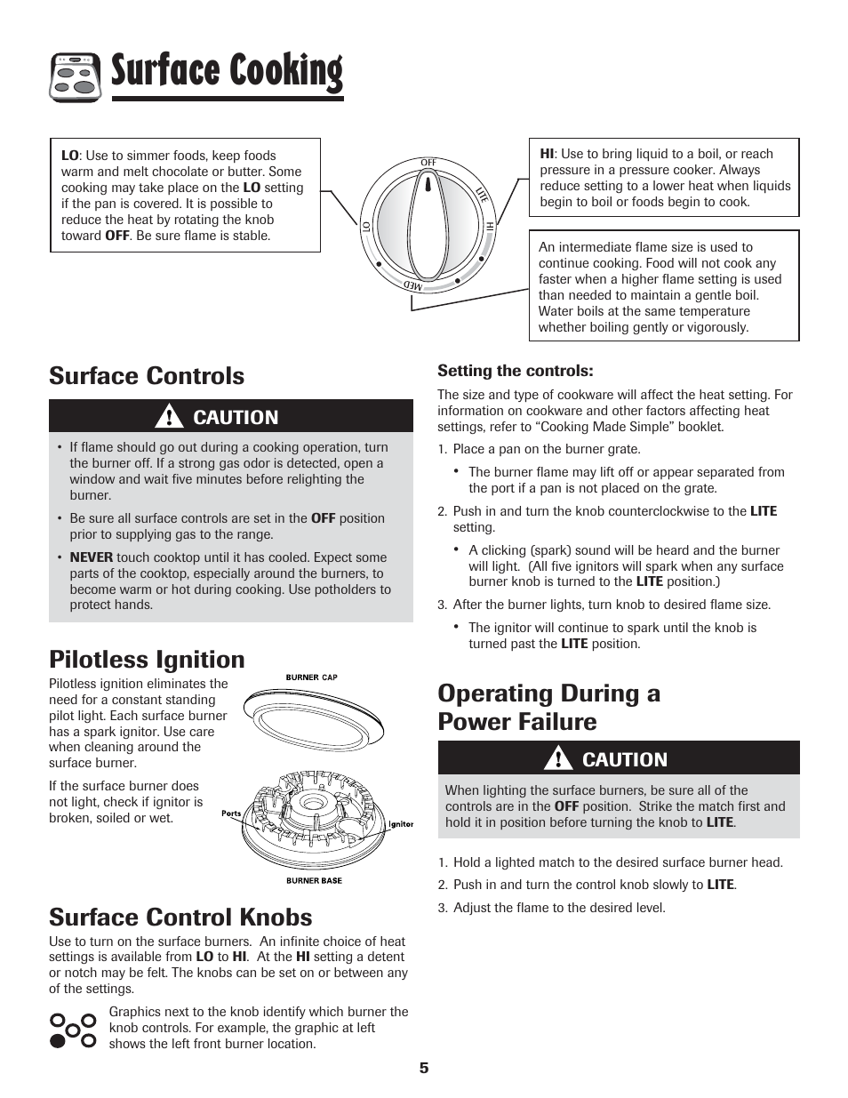 Surface cooking, Surface controls pilotless ignition | LG 800 User Manual | Page 6 / 84