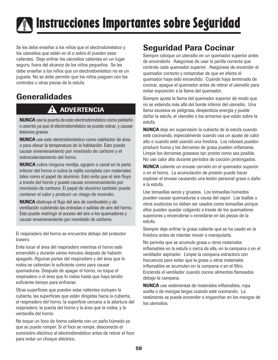 Instrucciones importantes sobre seguridad, Generalidades seguridad para cocinar | LG 800 User Manual | Page 60 / 84