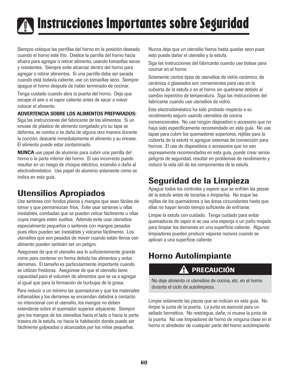 Instrucciones importantes sobre seguridad, Utensilios apropiados, Seguridad de la limpieza | Horno autolimpiante | LG 800 User Manual | Page 61 / 84