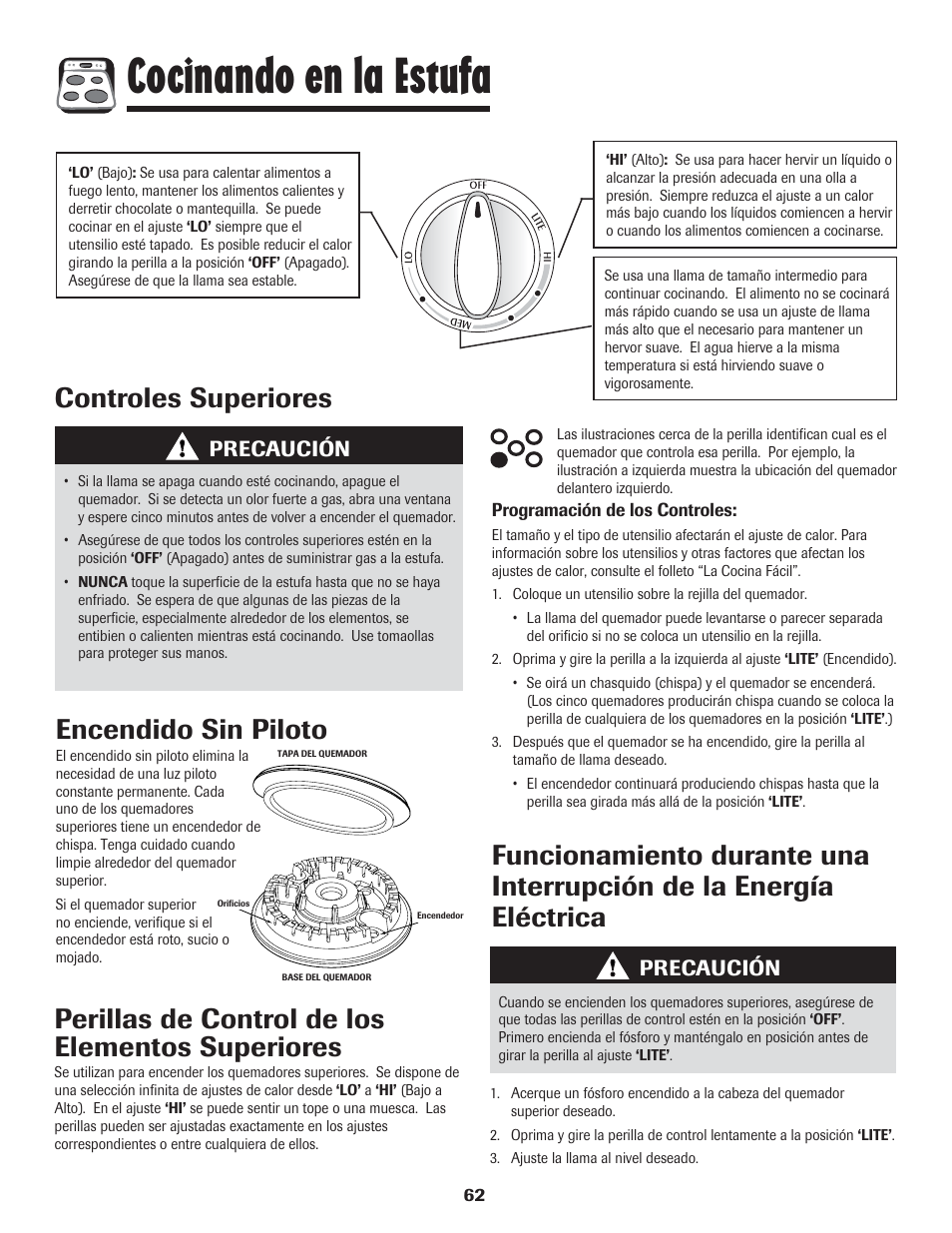 Cocinando en la estufa, Controles superiores encendido sin piloto, Precaución | LG 800 User Manual | Page 63 / 84
