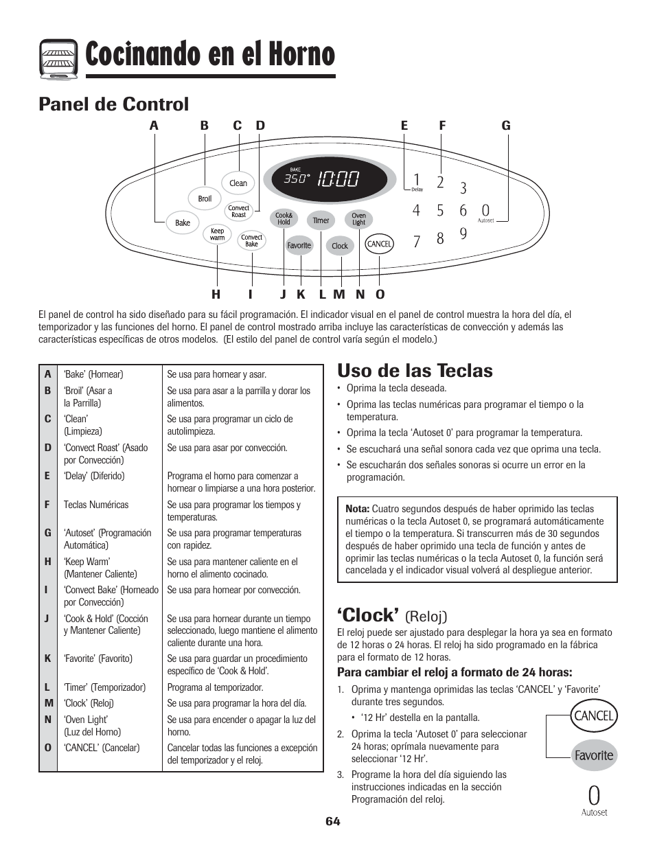 Cocinando en el horno, Panel de control, Uso de las teclas | Clock, Reloj) | LG 800 User Manual | Page 65 / 84
