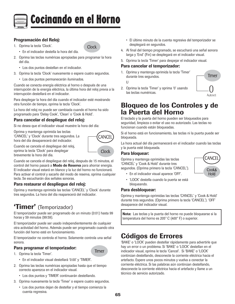 Cocinando en el horno, Timer, Bloqueo de los controles y de la puerta del horno | Códigos de errores, Temporizador) | LG 800 User Manual | Page 66 / 84