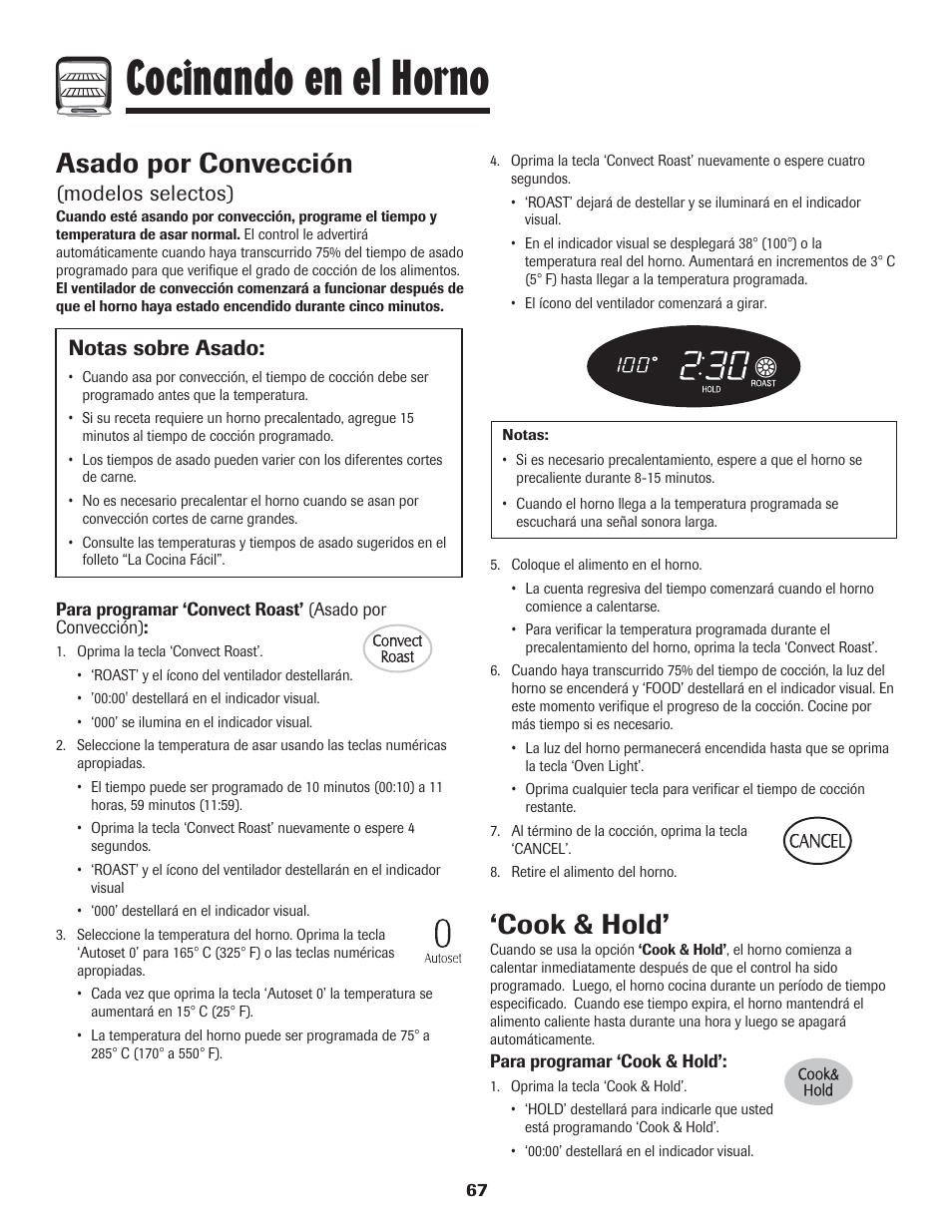 Cocinando en el horno, Asado por convección, Cook & hold | Modelos selectos), Notas sobre asado | LG 800 User Manual | Page 68 / 84