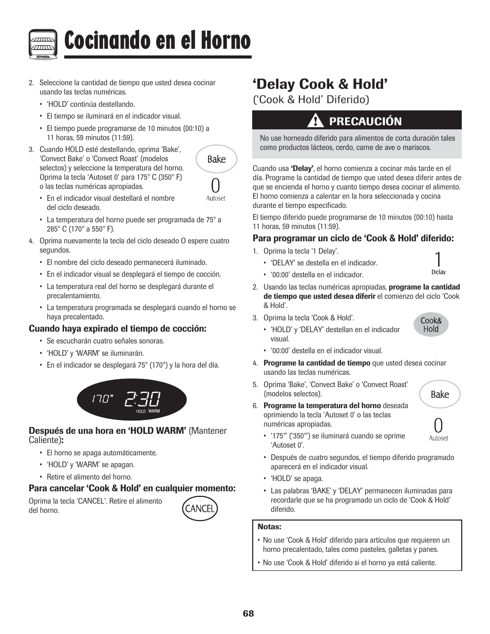Cocinando en el horno, Delay cook & hold, Cook & hold’ diferido) | Precaución | LG 800 User Manual | Page 69 / 84