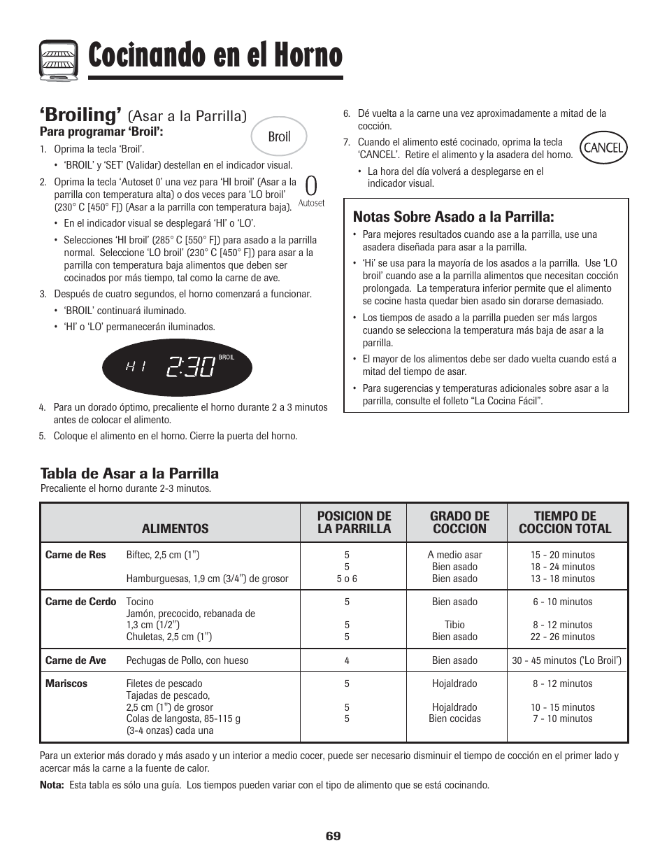 Cocinando en el horno, Broiling, Asar a la parrilla) | Notas sobre asado a la parrilla, Tabla de asar a la parrilla | LG 800 User Manual | Page 70 / 84