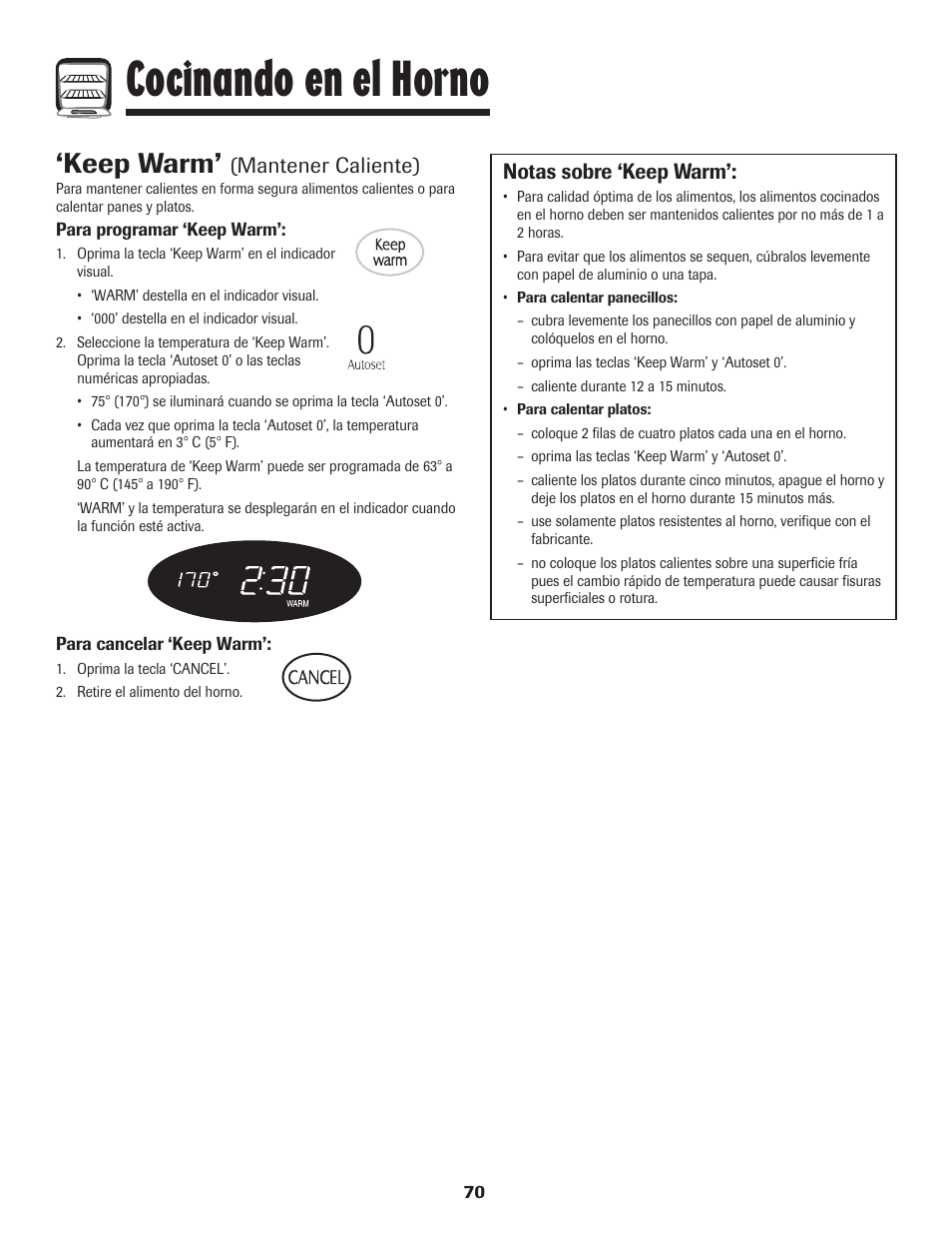 Cocinando en el horno, Keep warm, Mantener caliente) | Notas sobre ‘keep warm | LG 800 User Manual | Page 71 / 84