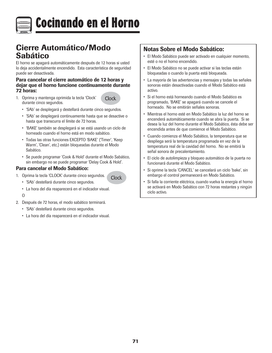 Cocinando en el horno, Cierre automático/modo sabático, Notas sobre el modo sabático | LG 800 User Manual | Page 72 / 84