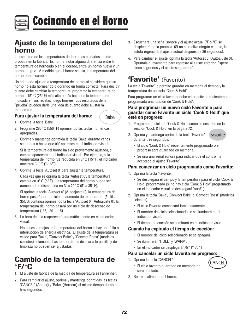 Cocinando en el horno, Favorite, Ajuste de la temperatura del horno | Cambio de la temperatura de, Favorito) | LG 800 User Manual | Page 73 / 84