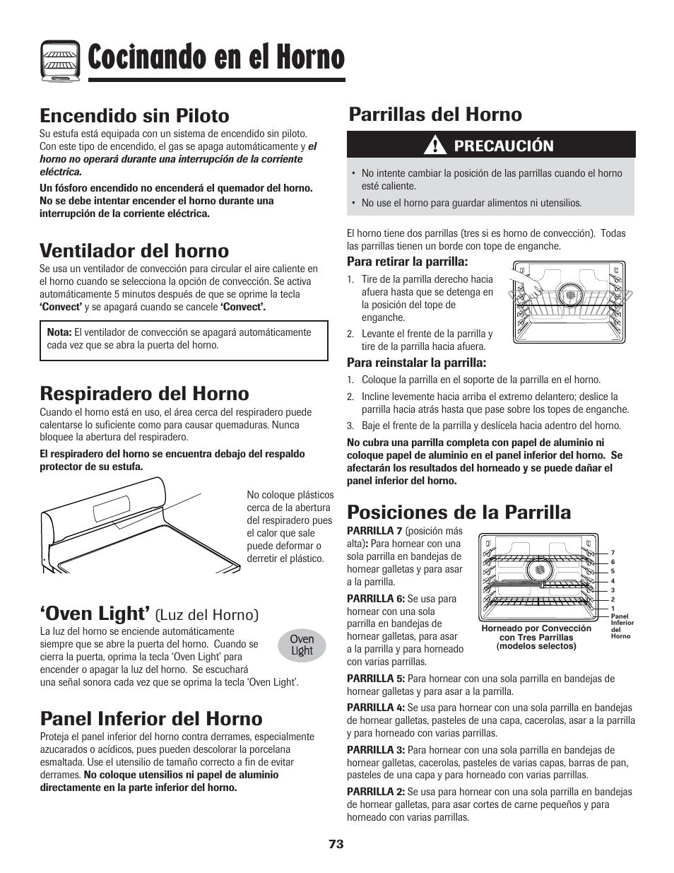 Cocinando en el horno, Oven light, Panel inferior del horno | Ventilador del horno, Respiradero del horno, Parrillas del horno, Posiciones de la parrilla, Encendido sin piloto, Luz del horno), Precaución | LG 800 User Manual | Page 74 / 84