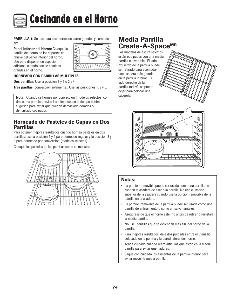 Cocinando en el horno, Media parrilla create-a-space, Notas | Horneado de pasteles de capas en dos parrillas | LG 800 User Manual | Page 75 / 84
